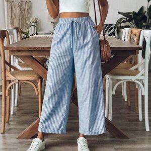 SHEIN Blue & White Striped Wide-Leg Drawstring Pants - Small